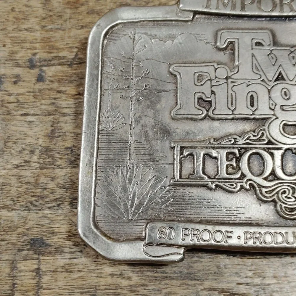 Vintage Two Fingers Tequila Metal Belt Buckle Great American 1976 Hiram Walkers